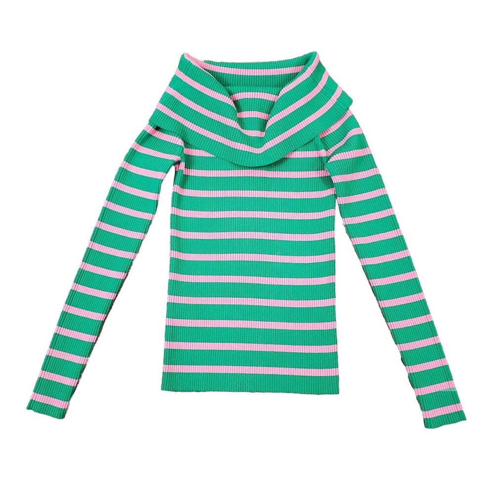 Mango Striped Rib Knit Off Shoulder Sweater Top Sz S Green Pink Stretch Preppy